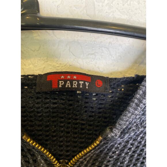 T Party Fish Net Ribbed Panel Hoodie Mineral Navy Sz Lg Zipper Shark Bite Hem - Picture 5 of 11